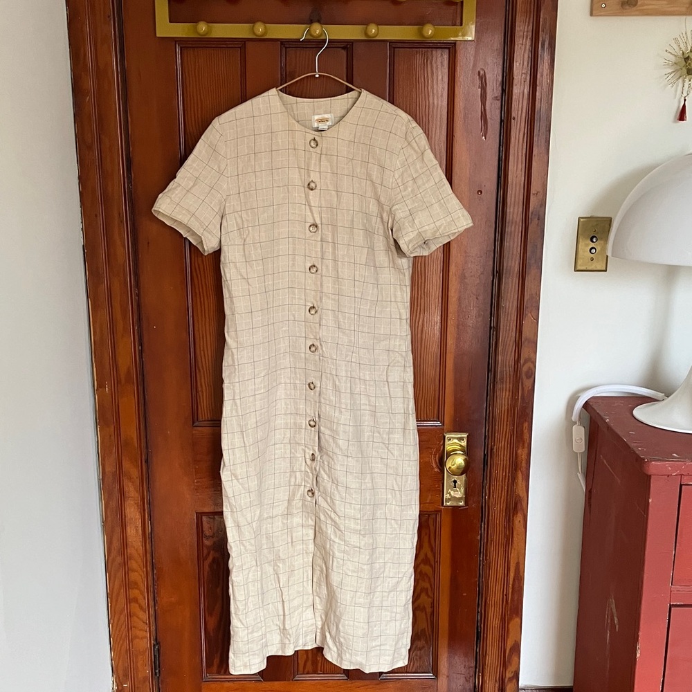 Vintage Talbots linen Cream Checked/Windowpane Button-Front Midi Dress